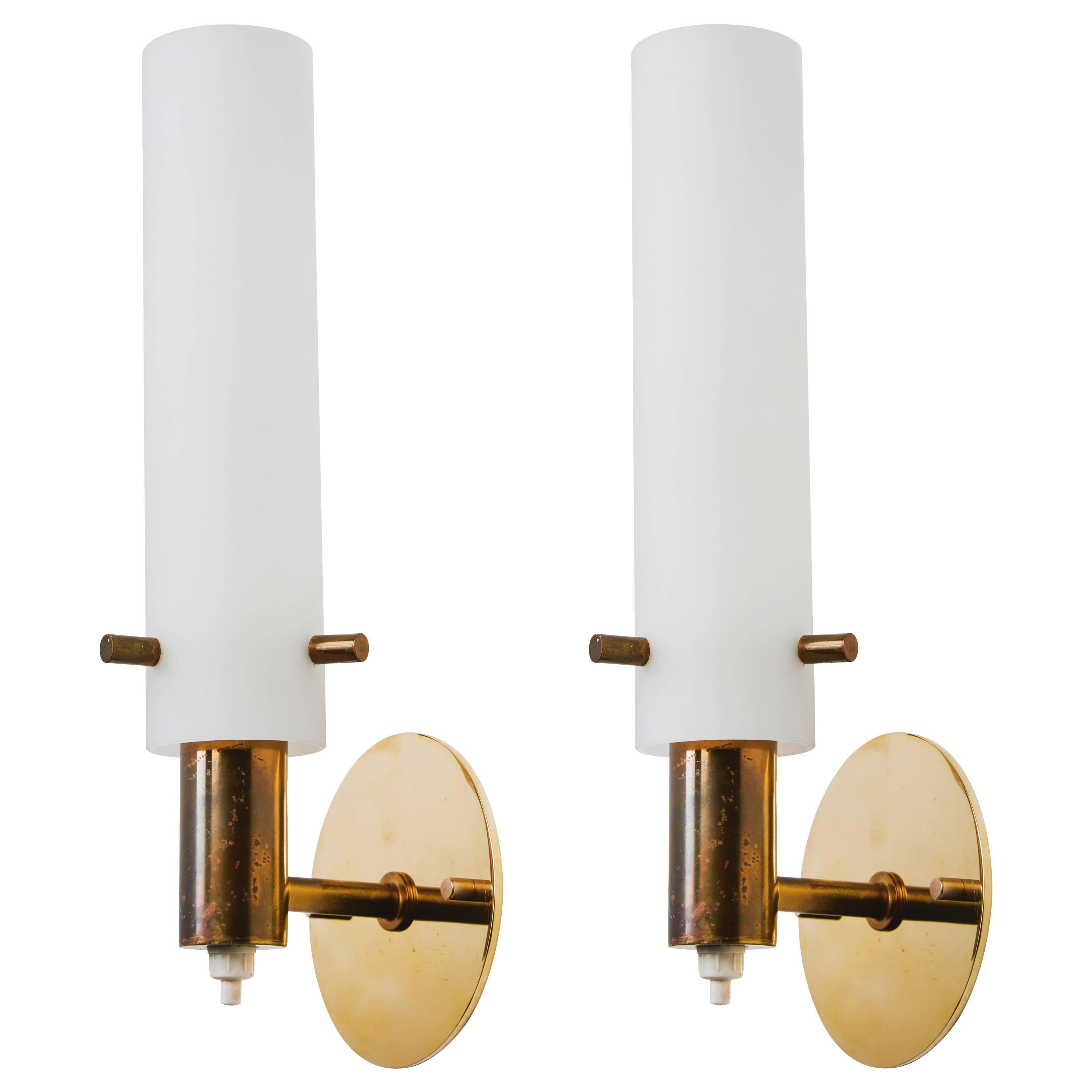 Pair of Brass and Satin Glass Italian Sconces