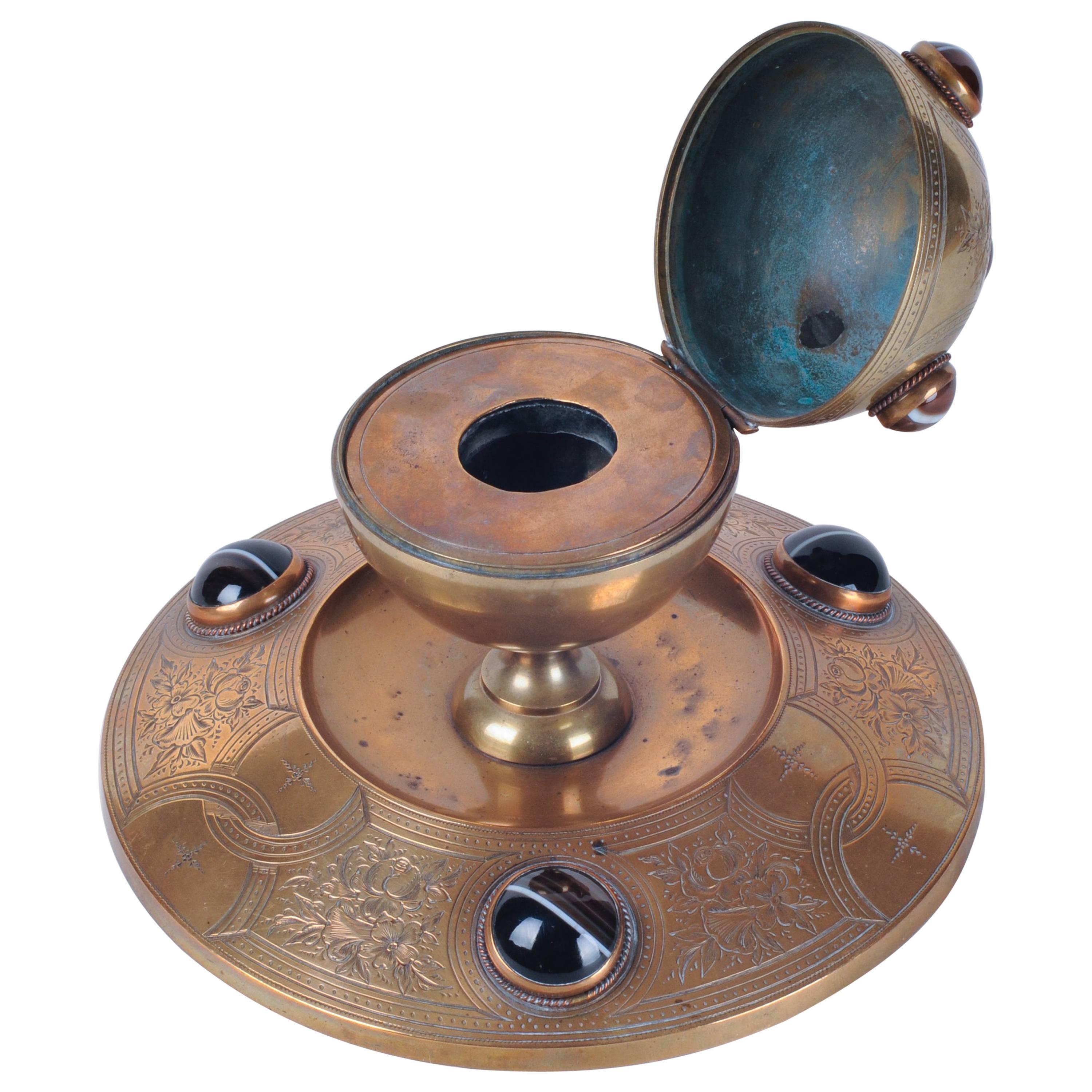 Brass Inkwell with Tiger-Eye Cabochons For Sale