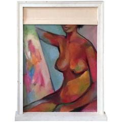 Vintage Abstract Nude in Window Sill Frame with Canvas Window Shade Painting