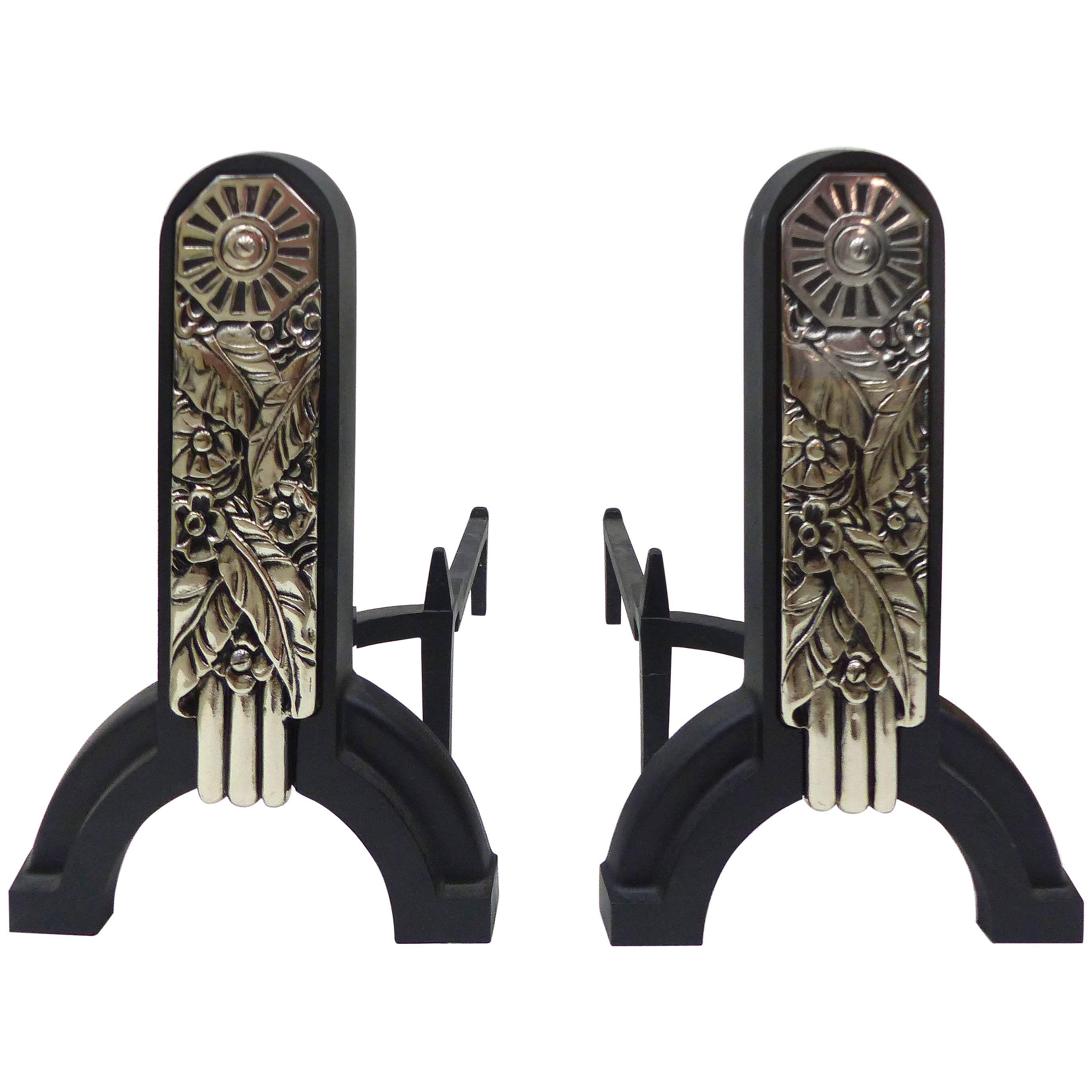 Art Deco Andirons with Iconic Chrome Floral Design Panels