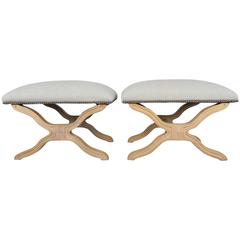 Pair of Swedish Wood Benches with Belgium Linen