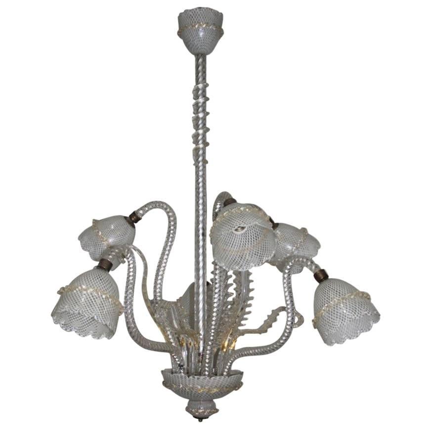 Chandelier Murano Art Glass Reticello 1940 Very Elegant