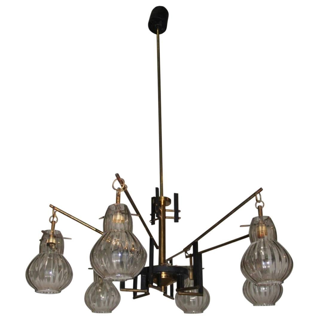 Sculpture Brass and Glass Chandelier, Mid-Century, Italian Design For Sale
