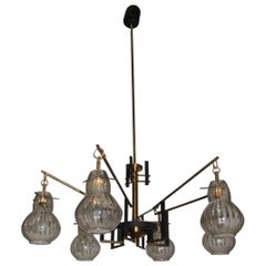 Lampadario scultura in ottone e vetro, metà secolo, design italiano
