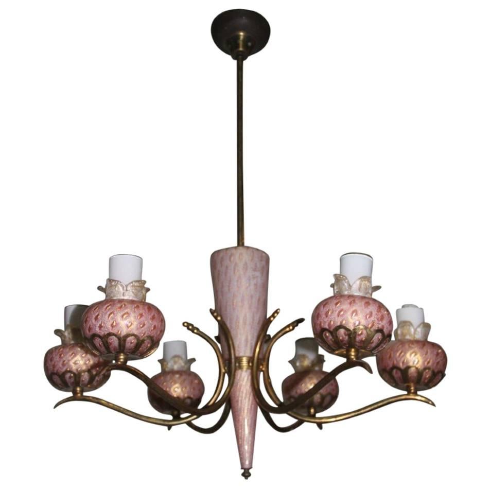 Midcentury Chandelier, Murano Glass  Bubbles and Gold Inside, 1950, Brass 