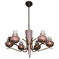 Vintage Midcentury Chandelier, Murano Glass  Bubbles and Gold Inside, 1950, Brass 