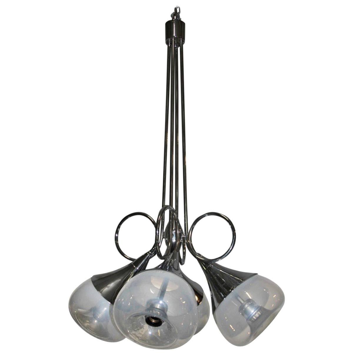 Esperia Chandelier Shaped Steel Spheres with Murano Glass, 1970s For Sale