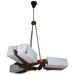 Bruno Chiarini Chandelier, Italian Design Brass Murano Glass Mid-Century Modern