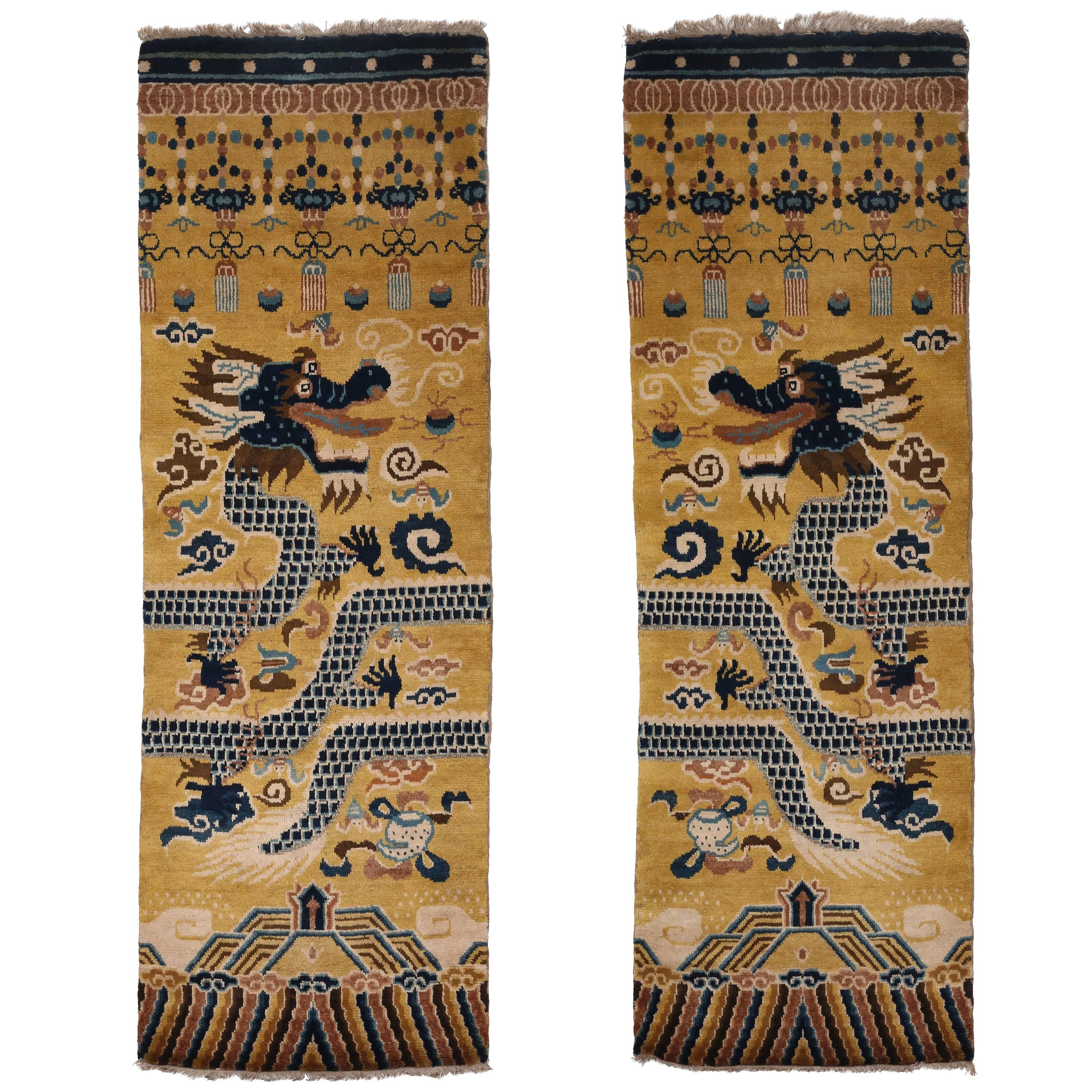 Hand-Knotted Wool Pair of Ningxia Dragon Temple Pillar Rugs/Carpets, Chinoiserie