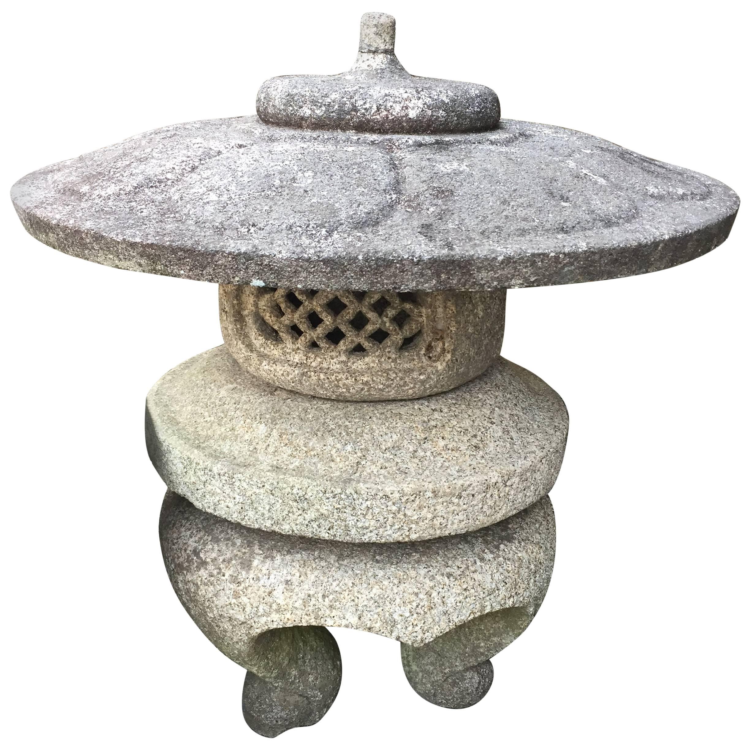 Japanese Antique Hand-Carved Granite Temple Lotus Lantern Meiji Era