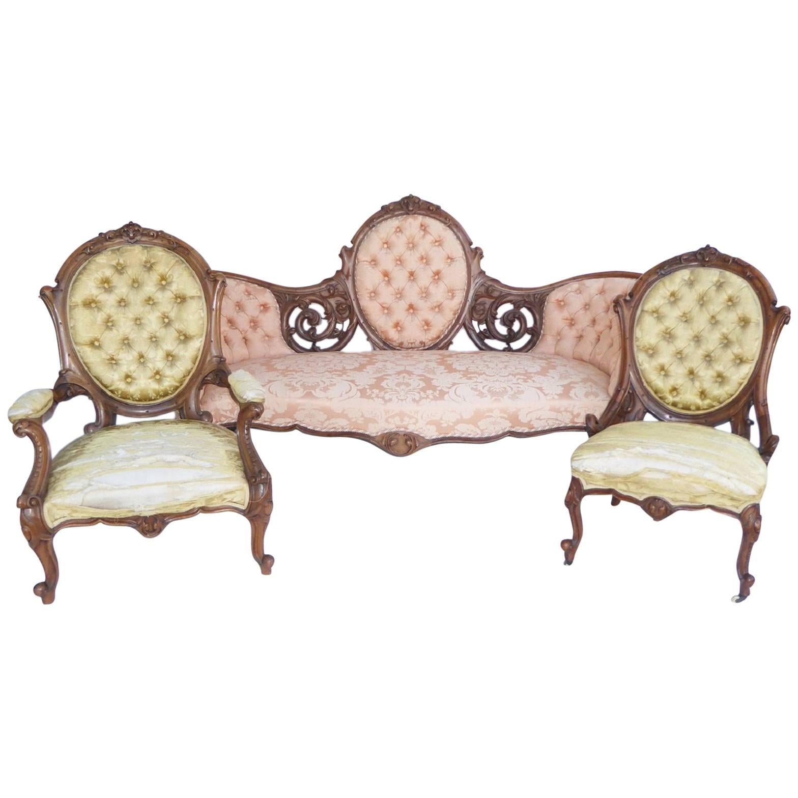 Victorian Walnut Sofa, Ladies and Gents Chairs
