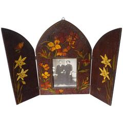 Arts & Crafts Wooden Picture Frame Carved and Colored Daffodils and Butterflies