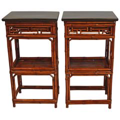 Antique Pair of Chinese Tea Tables/Plant Stands, Bamboo/Black Lacquered Tops Early 1900s