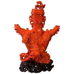 19th Century Chinese Red Coral, Birds and Dragon