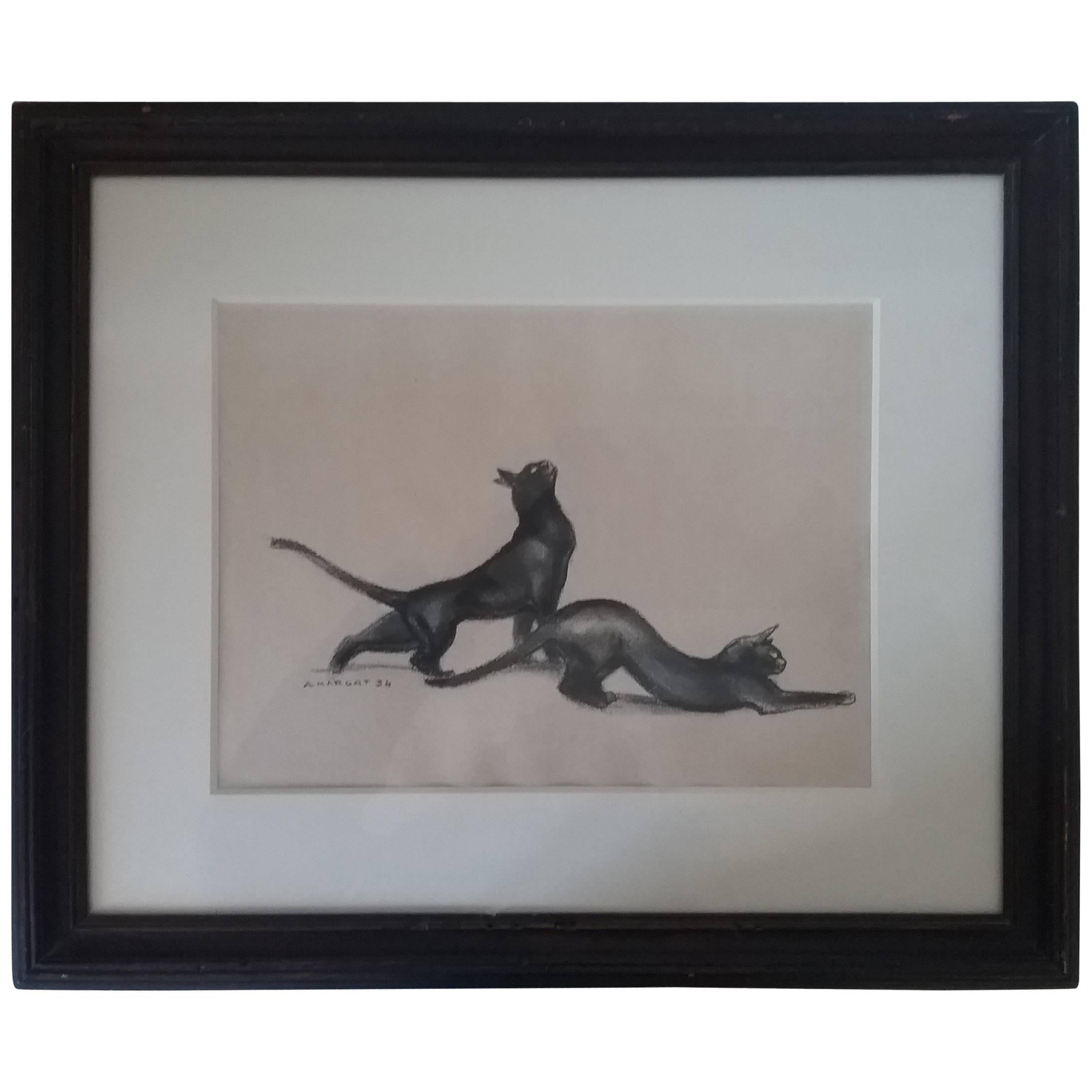 French Art Deco Drawing" Couple of Cats" by André Margat Signed and Dated 1934 For Sale