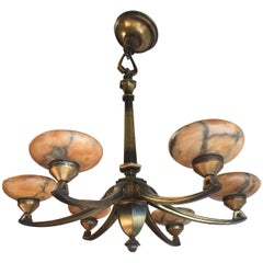 1900 chandelier Rare Early 1900 Jugendstil Bronze Pendant / Chandelier with Six Alabaster Shades