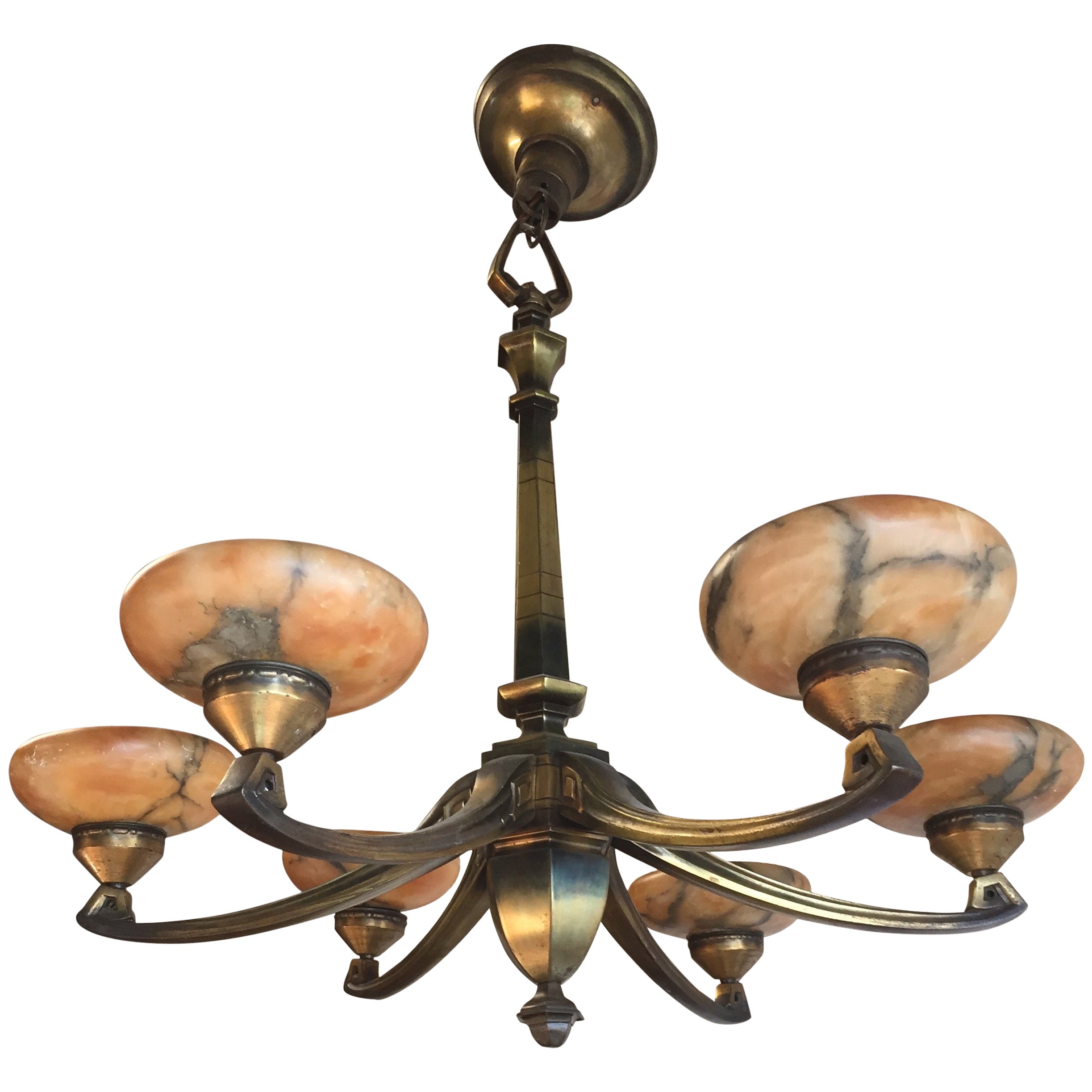 Craftsman Four Lights Bronze Chandelier with Shades at 1stDibs