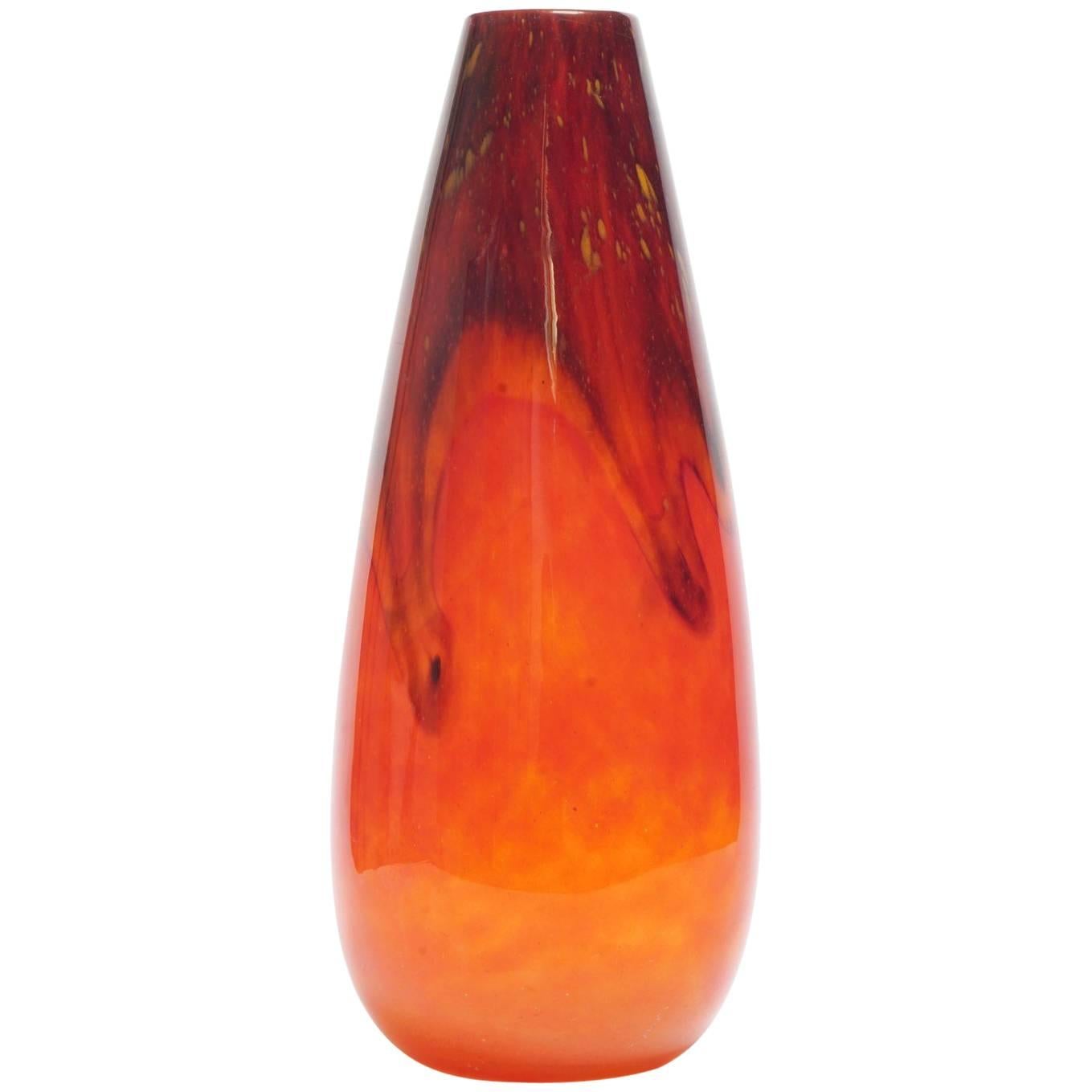 Large French Art Deco Charles Schneider Orange Tango Marble Glass Vase For Sale