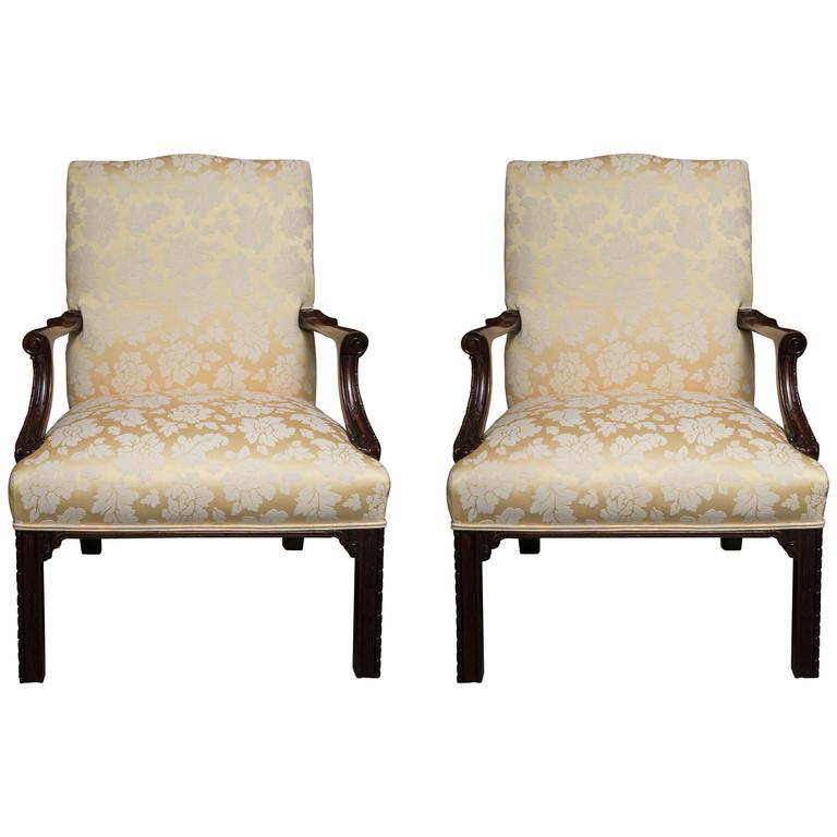 English Mahogany Upholstered Library Chairs