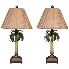 Hand-Painted Palm Tree Lamps with Custom Bamboo Shades