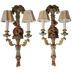 Pair of Hand-Carved Electrified Sconces with Tropical Motif