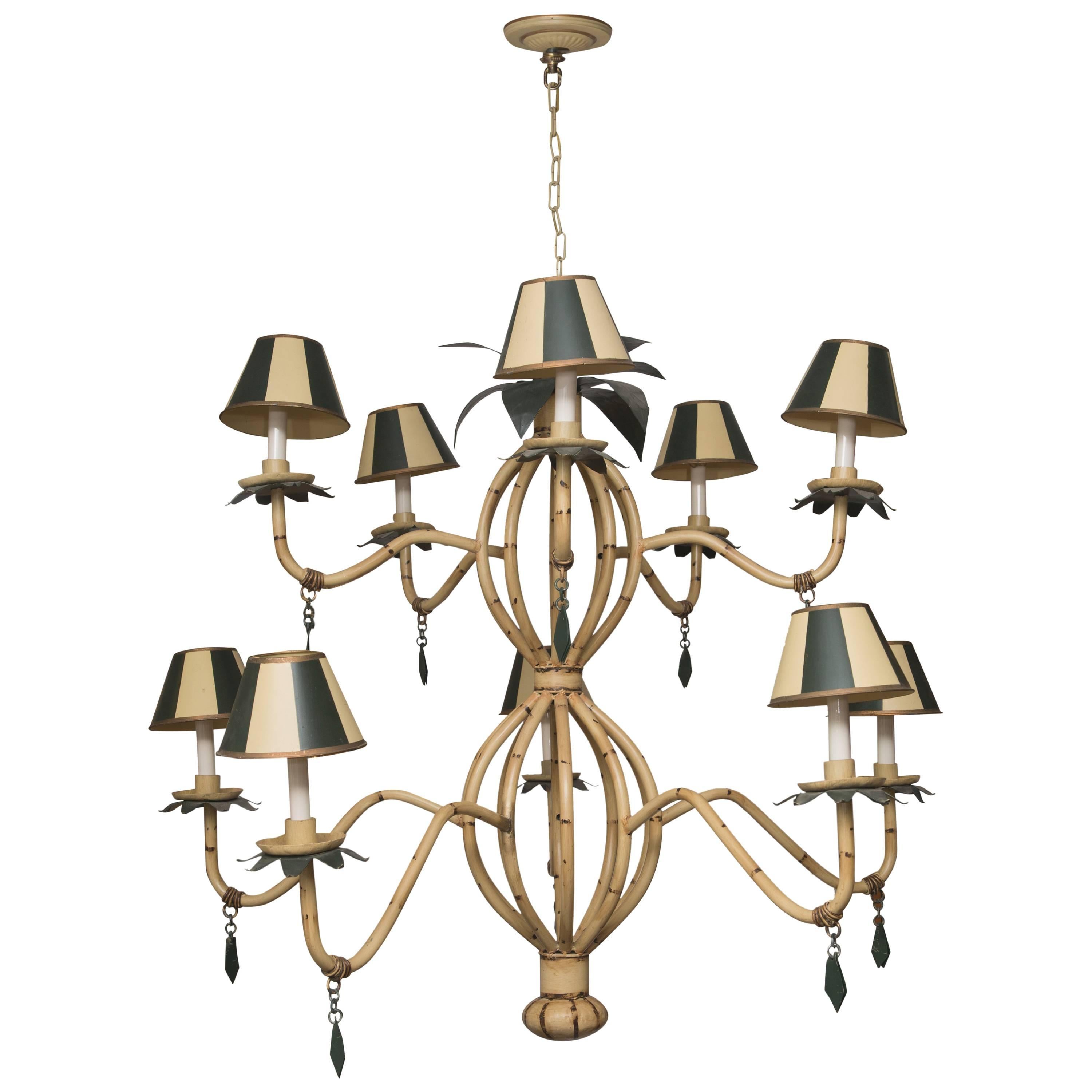 Polychrome Metal Ten-Light Faux Custom Bamboo Chandelier