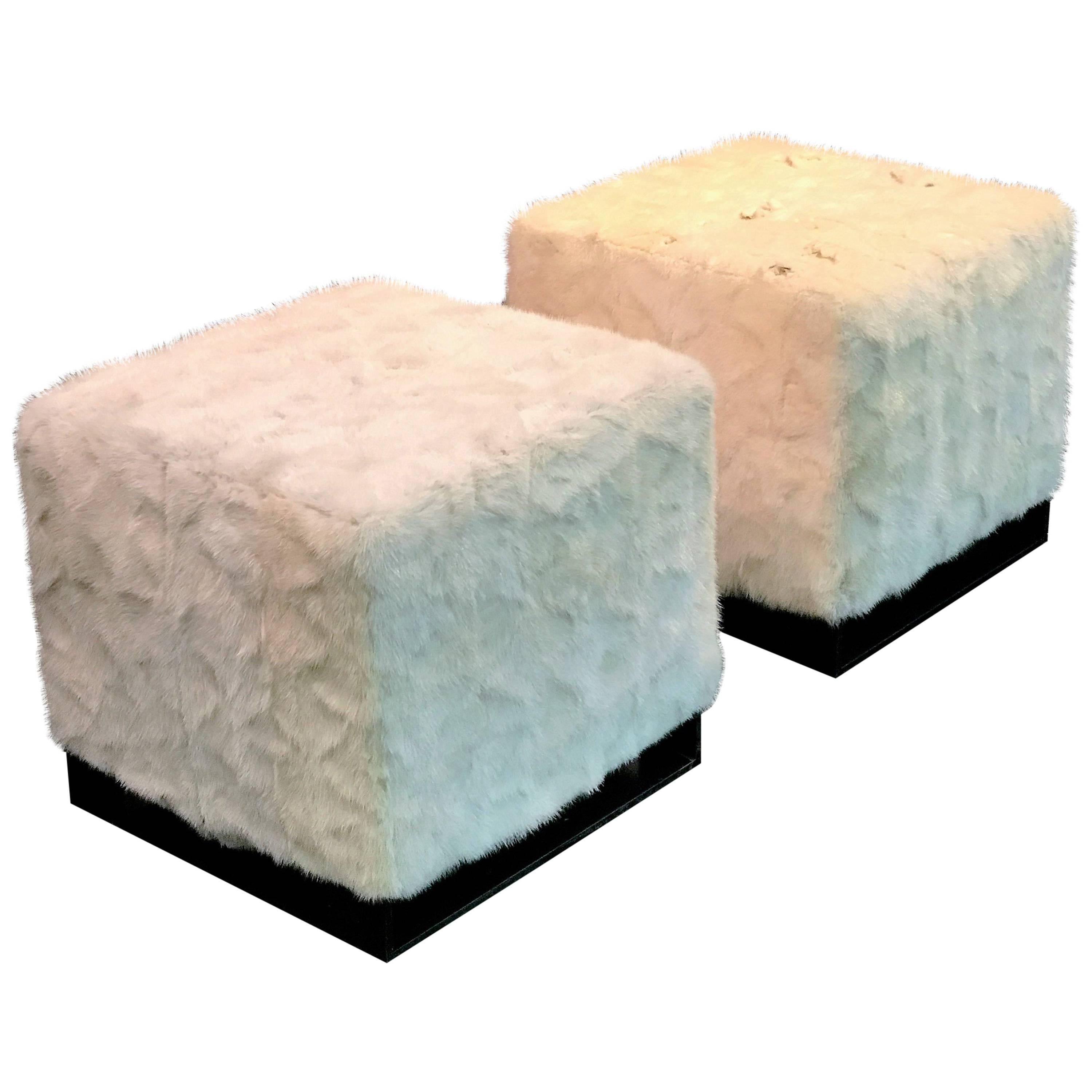 Pair of High End Bronzed Steel White Mink Ottomans in the Style of Karl Springer For Sale