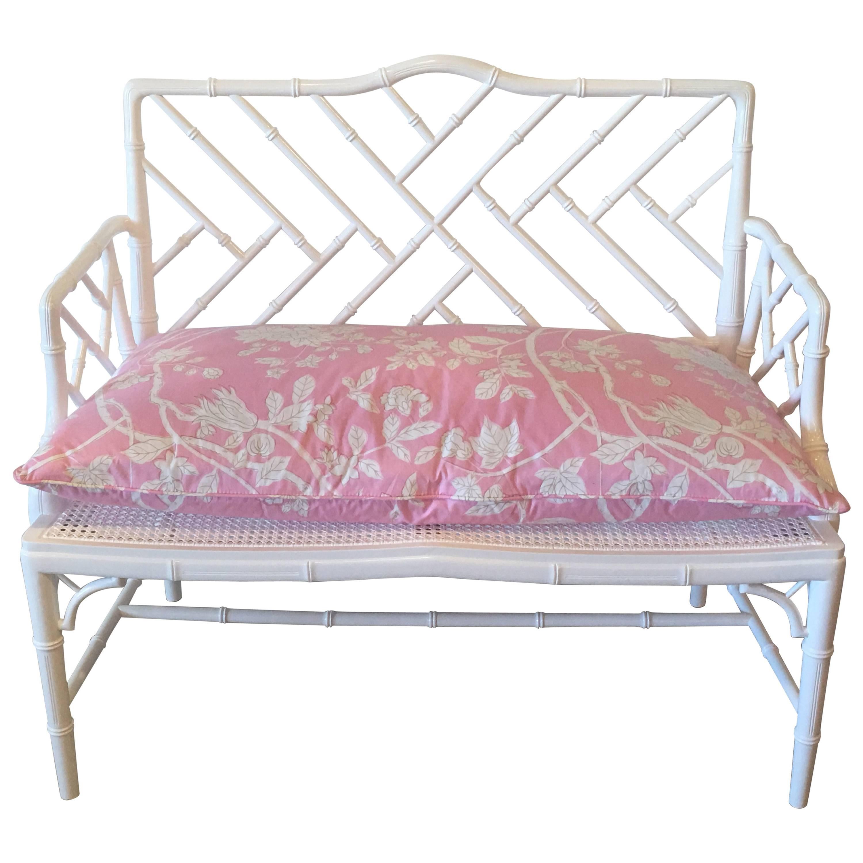 Chinese Chippendale Faux Bamboo Arm Bench Lacquered Chinoiserie Pink Cushion