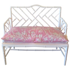 Chinese Chippendale Faux Bamboo Arm Bench Lacquered Chinoiserie Pink Cushion