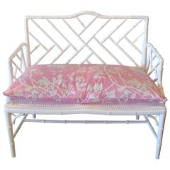 Chinese Chippendale Faux Bamboo Arm Bench Lacquered Chinoiserie Pink Cushion 2