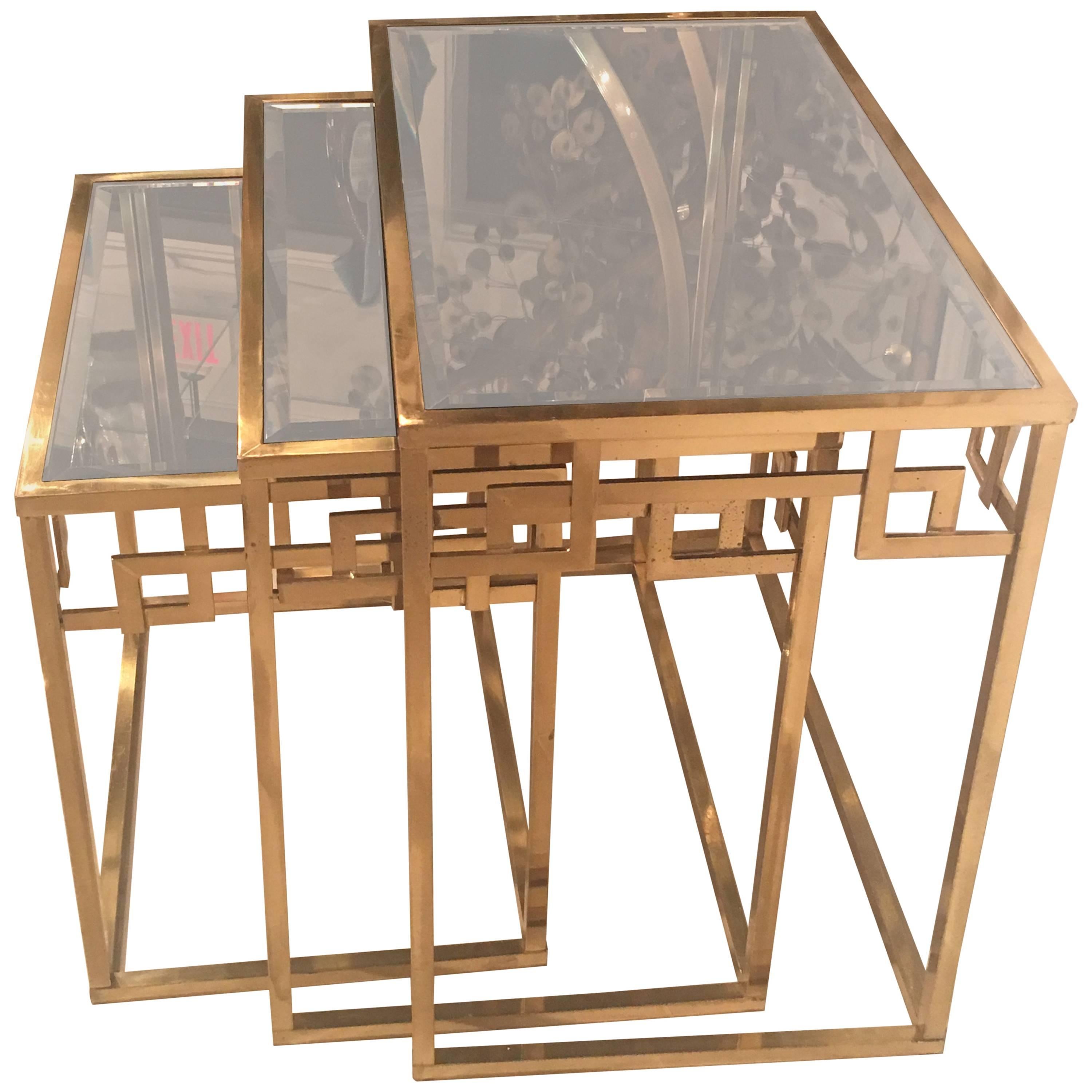 Set of Three Brass Greek Key Italian Nesting Tables, Italian End Side Glass