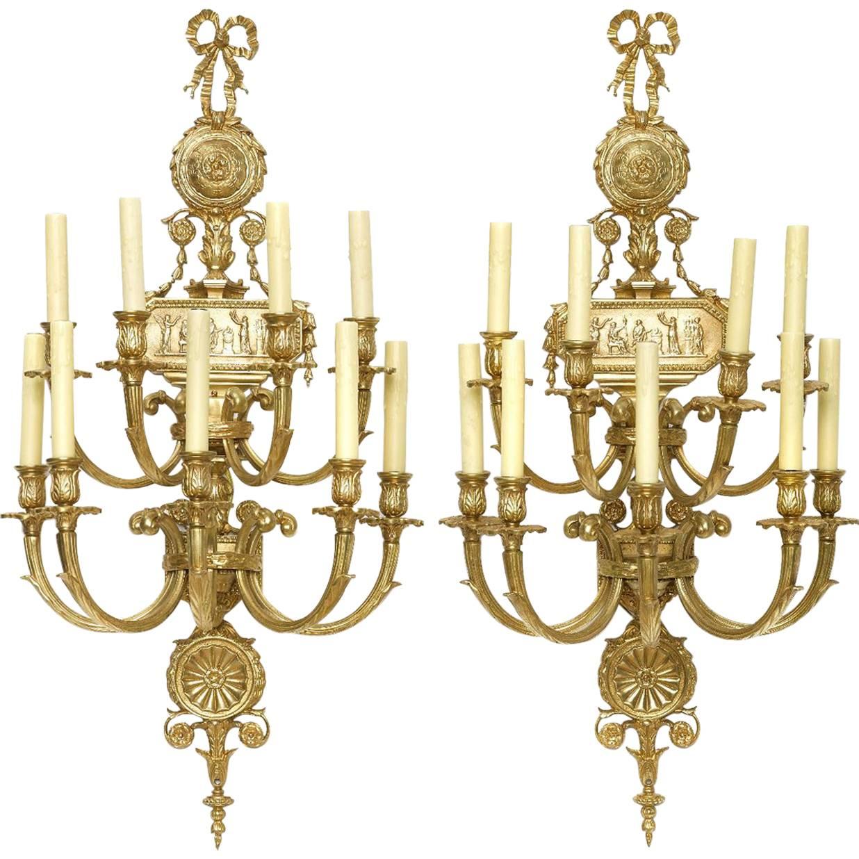 Pair of Neoclassical Style Gilt Bronze Eight Light Wall Lights, 20th Century