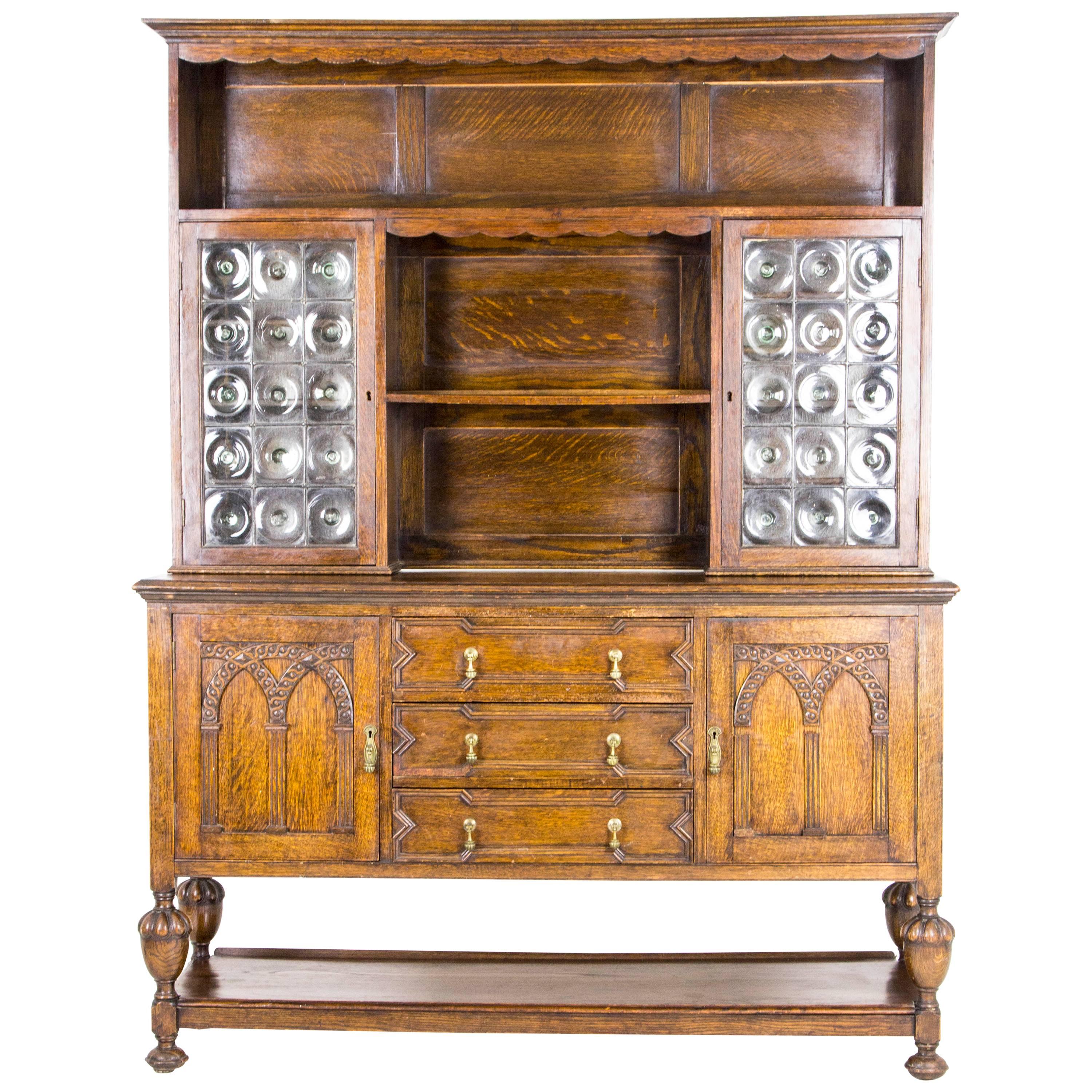 Antique Scottish Oak Welsh Dresser, Sideboard, Buffet, Bullseye Glass, 1910 B580