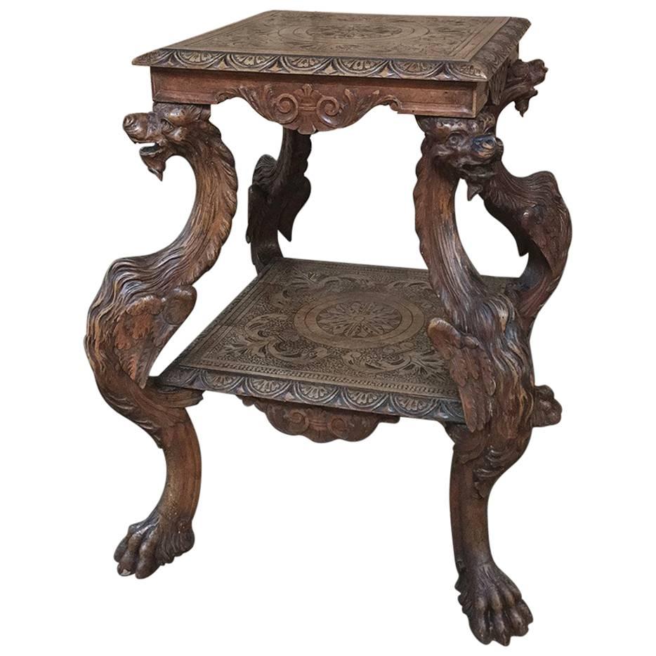 19th Century Italian Renaissance Walnut End Table with Dragons