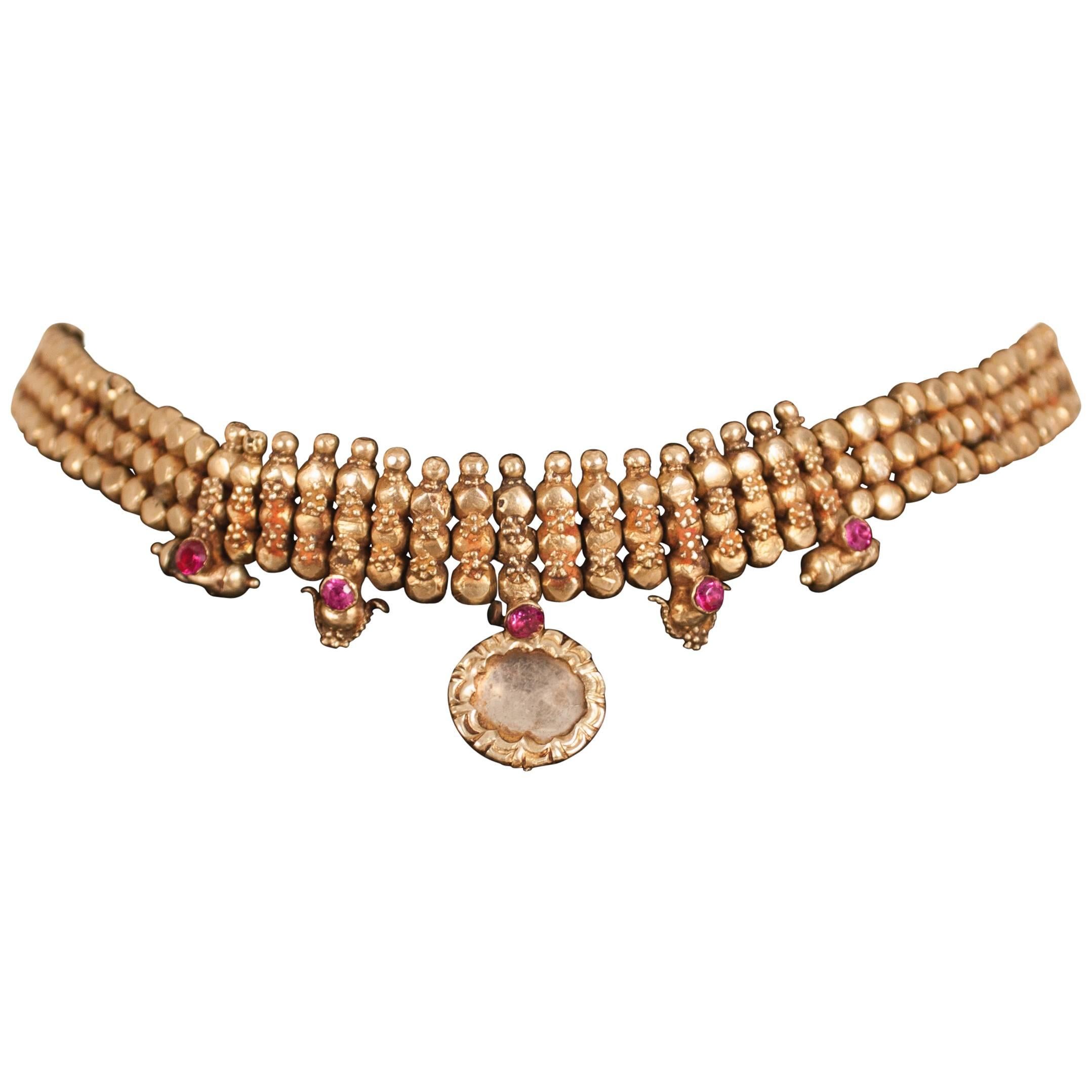 22-Karat Gold, Ruby and Crystal Choker Necklace from India, circa 1930 For Sale