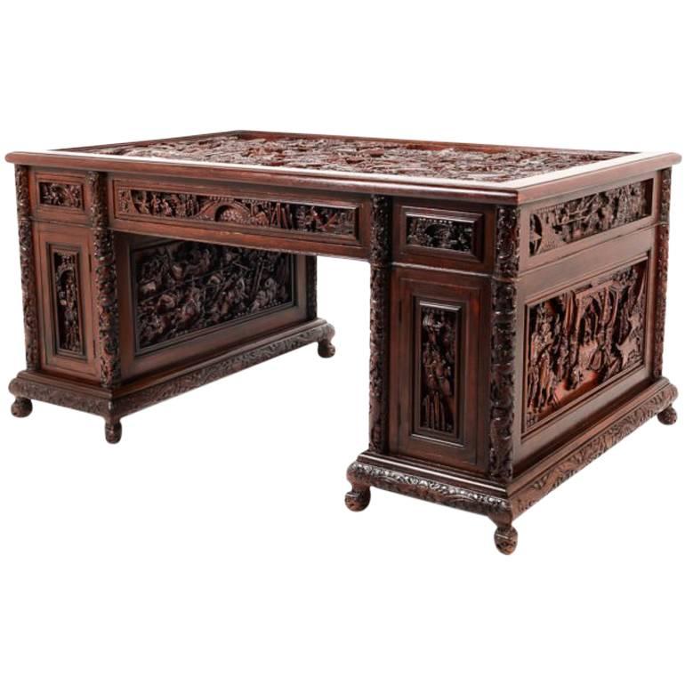 Antique Chinese Intricately Carved Hardwood Desk, circa 1910