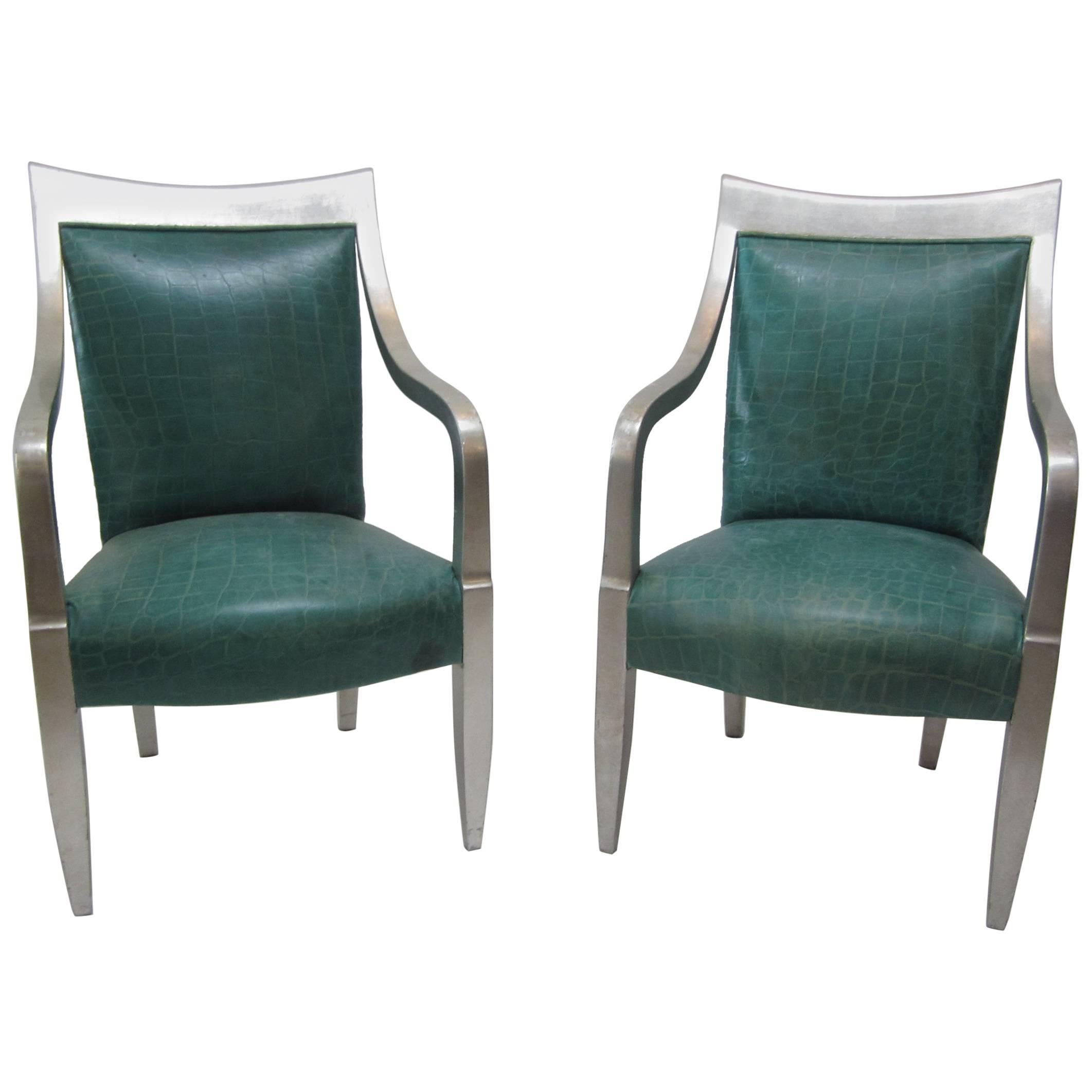 Pair of Silver Leaf Croc-Embossed Leather Armchairs by Donghia 