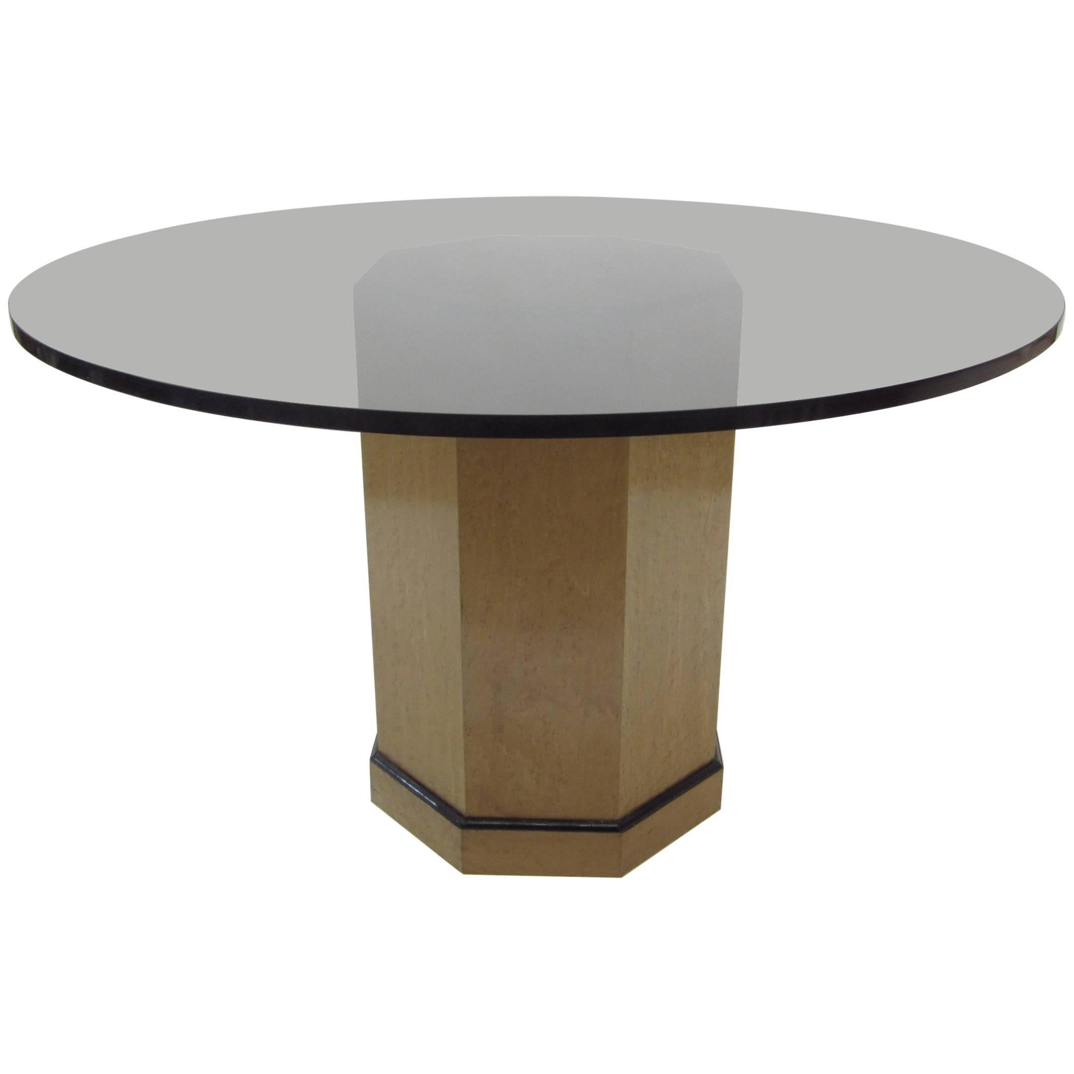 Pedestal Center Entrance Table / Dining Table, with Round Amber Glass Top