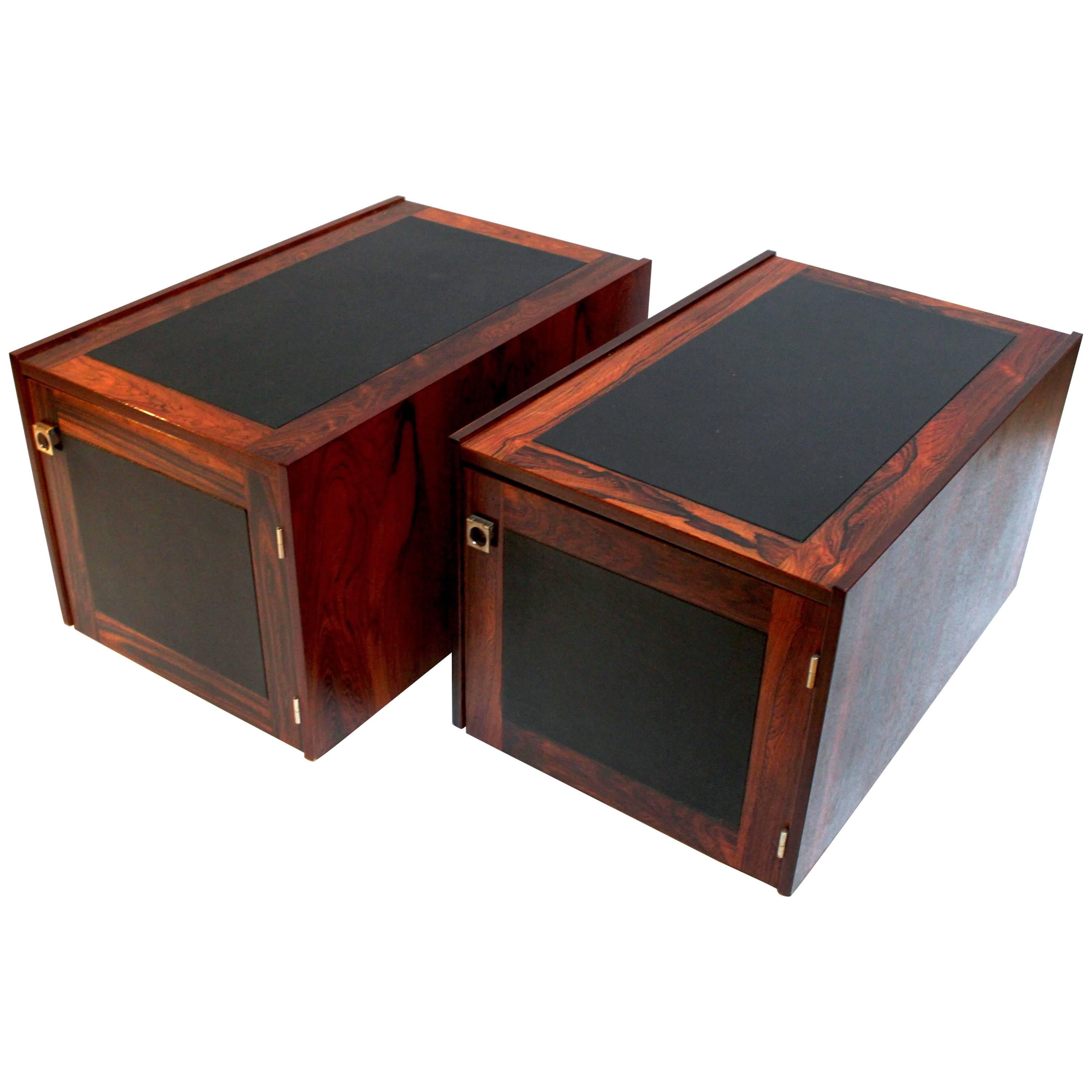 Pair of 1960s Danish Rosewood and Leather Side Tables with Storage by Bornholm For Sale