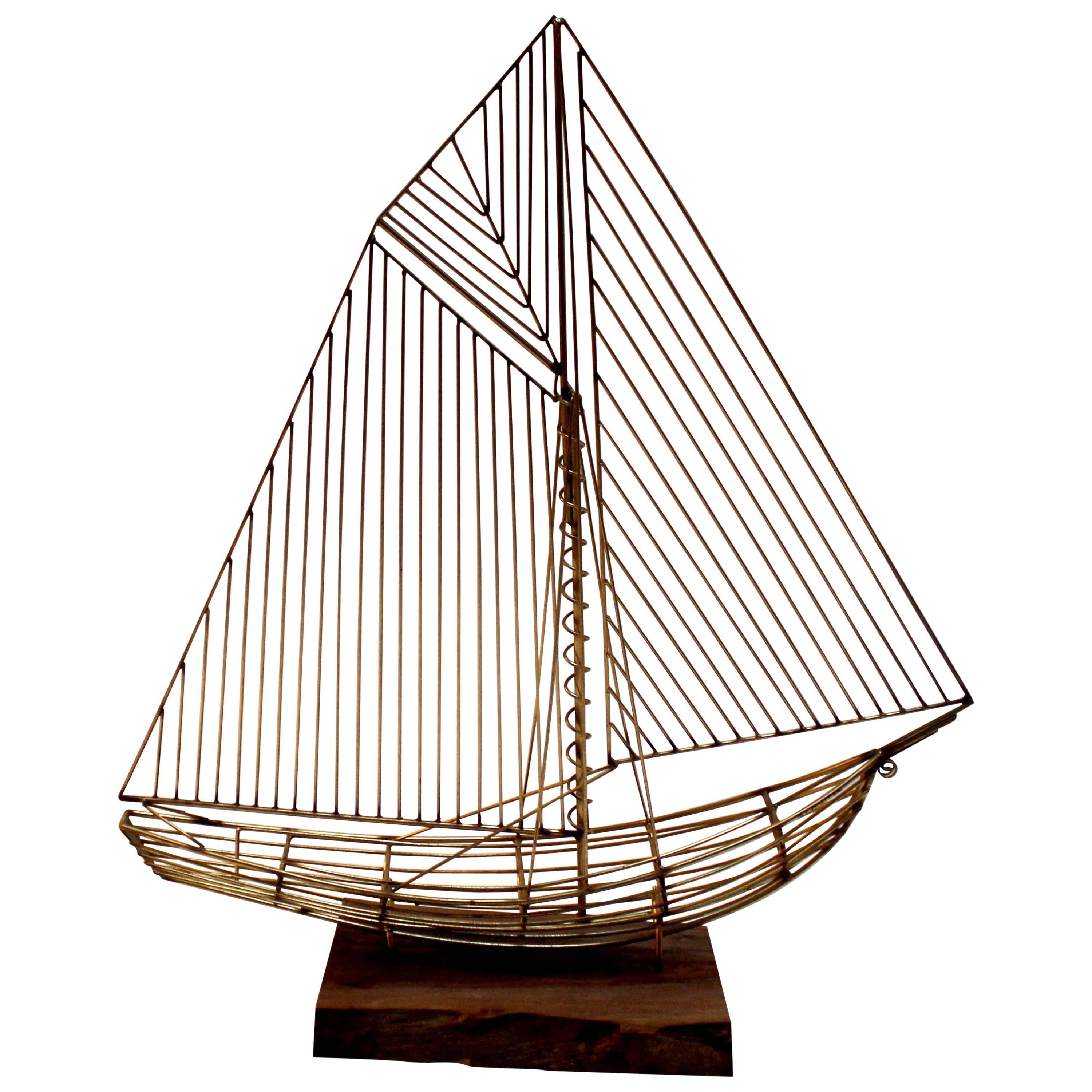 C. Jere Wire Boat Sculpture with Walnut Stand