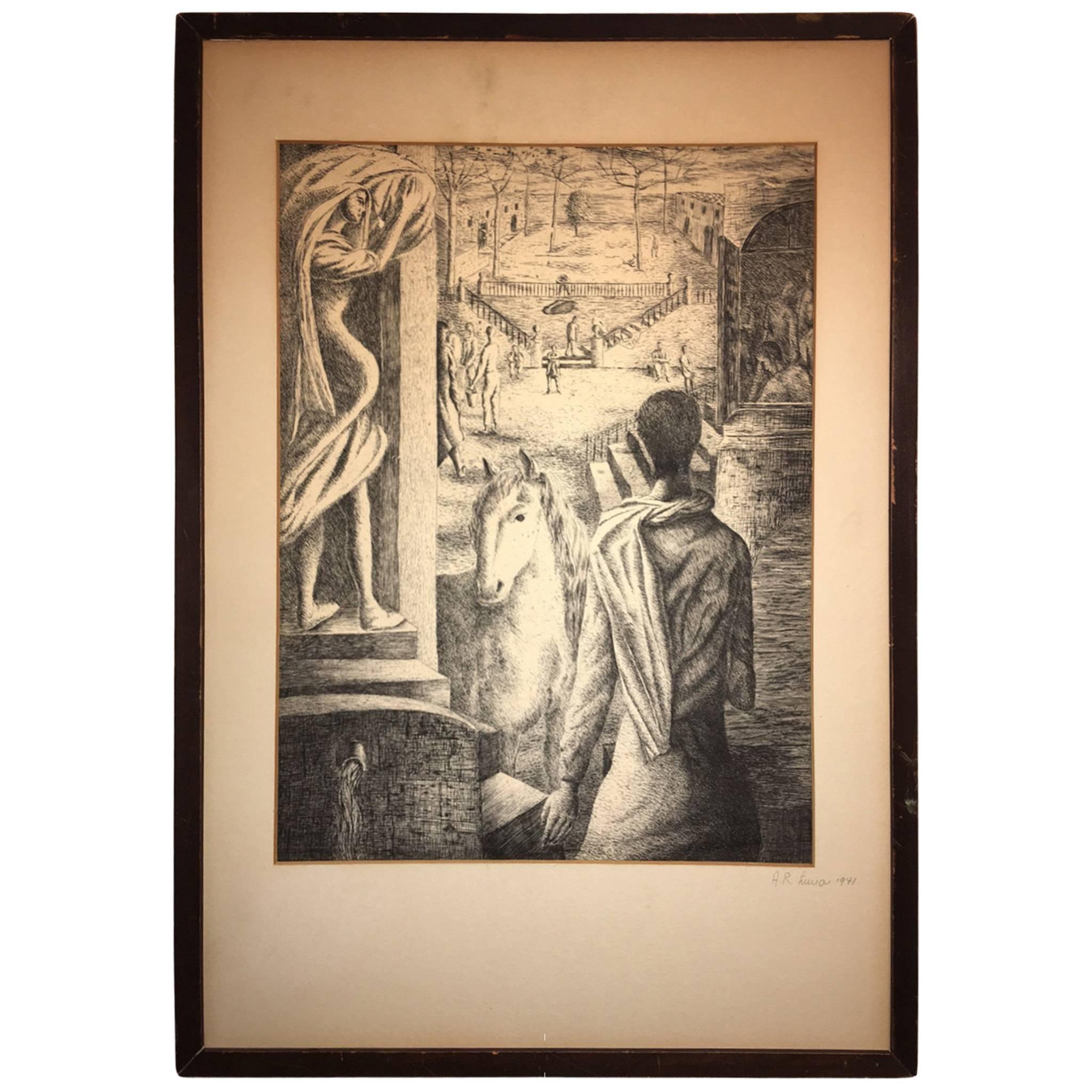 Atmospheric Horse and Village Square Etching by A.R. Luna For Sale