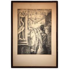 Vintage Atmospheric Horse and Village Square Etching by A.R. Luna
