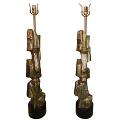 Pair of Tall Sculptural Bronze Brutalist Table Lamp, Maurizio Tempestini Laurel