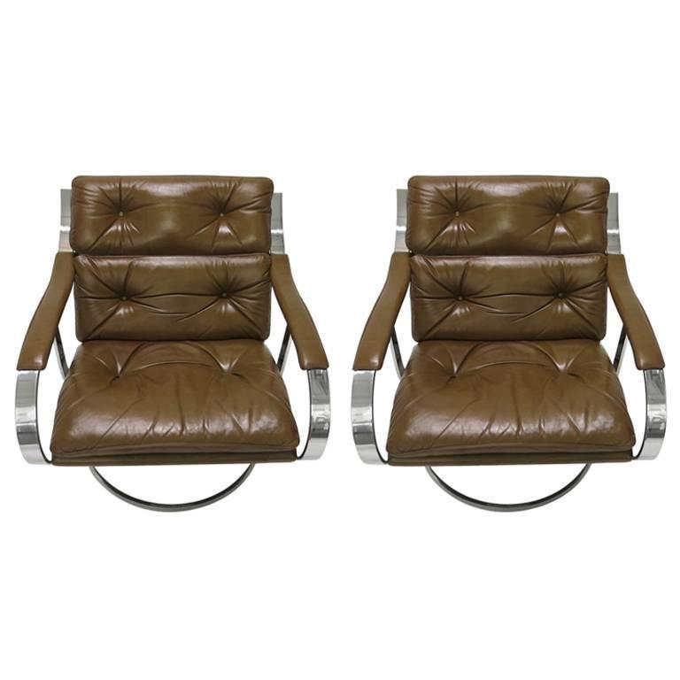 Pair Of Large Lounge Chairs By Gardner Leaver For Steelcase Circa Large Lounge Chairs In Original Brown Leather Supported By A Solid Polished Steel Frame That Is