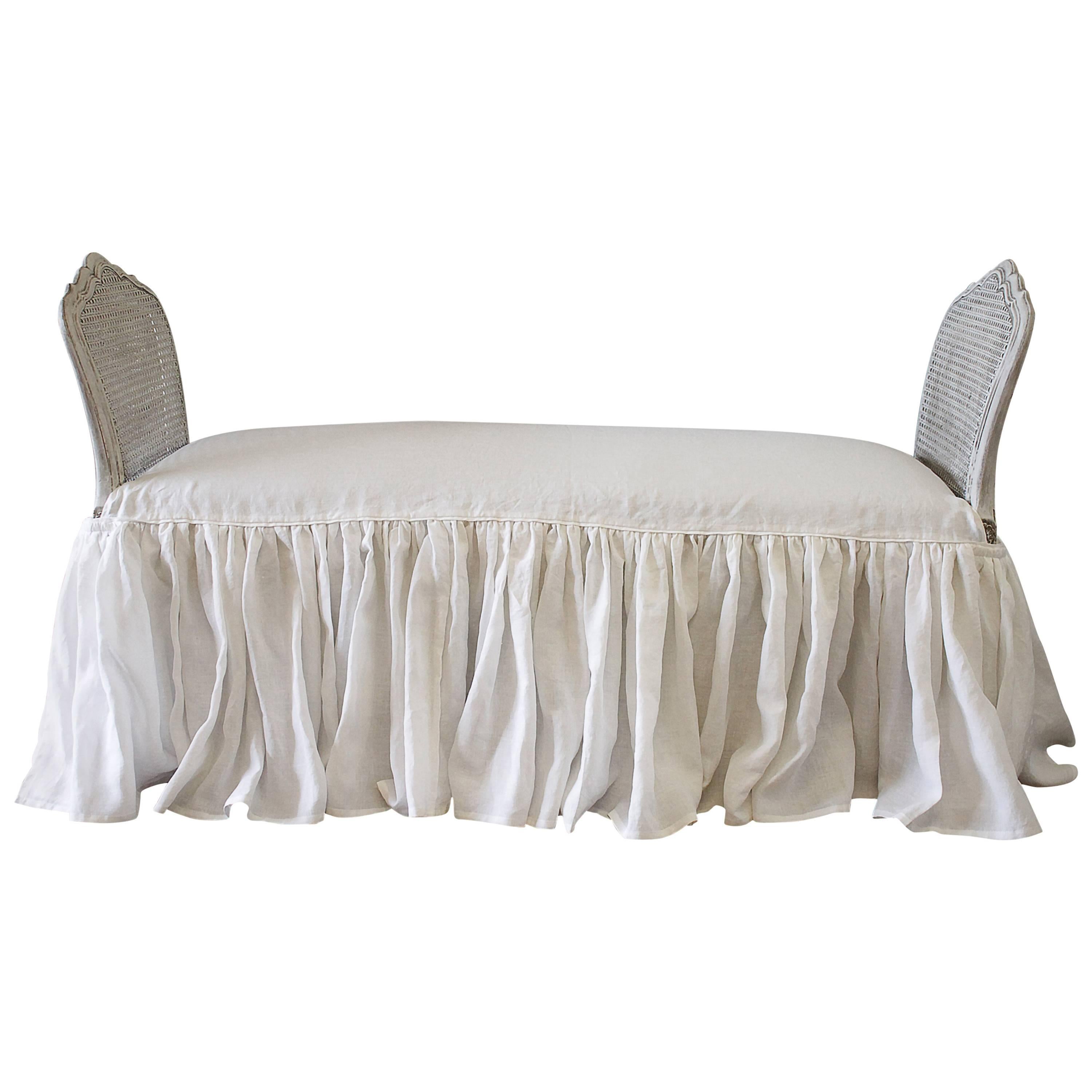 Vintage Cane Bench with Custom Linen Ruffle Slip Cover at 1stDibs