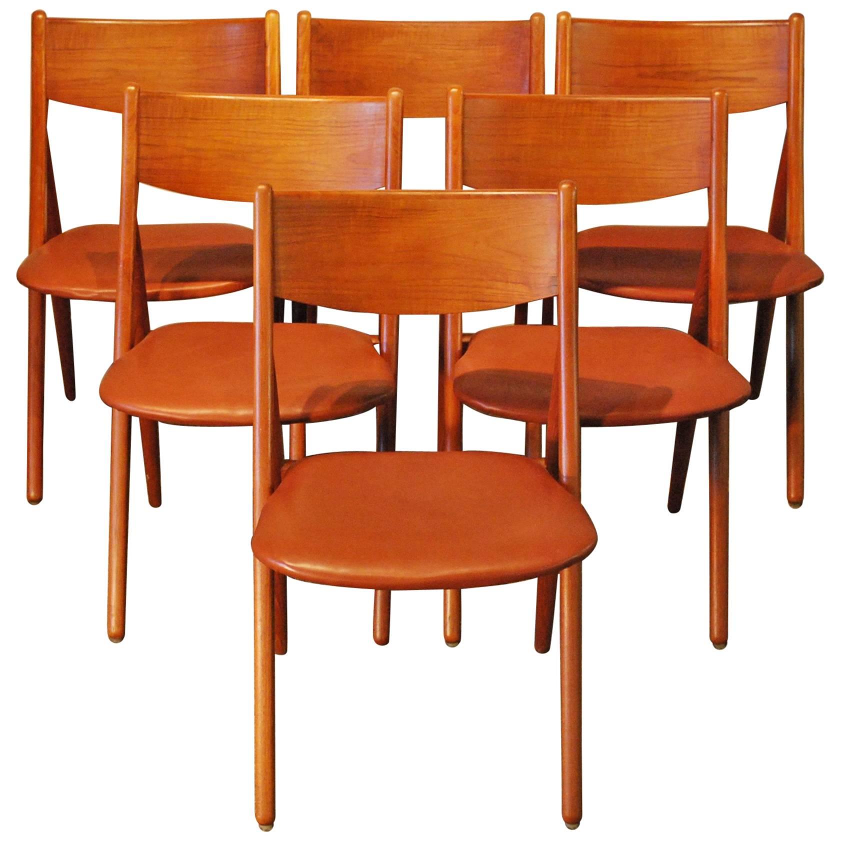 Danish Modern Set of Six Teak or Leather Dining Chairs