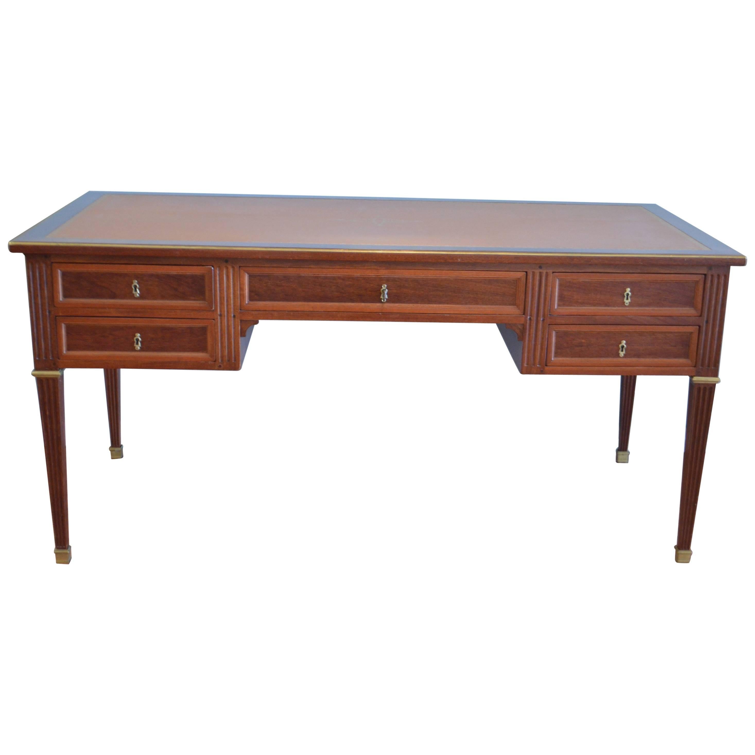 Louis XVI Style Mahogany Desk with Leather Top and Side Pull-Out Tables