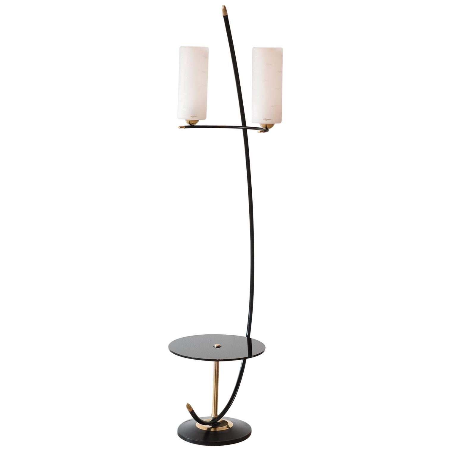 French Floor Lamp in Brass and Black Lacquer with Etched Glass Diffusers, 1950s For Sale