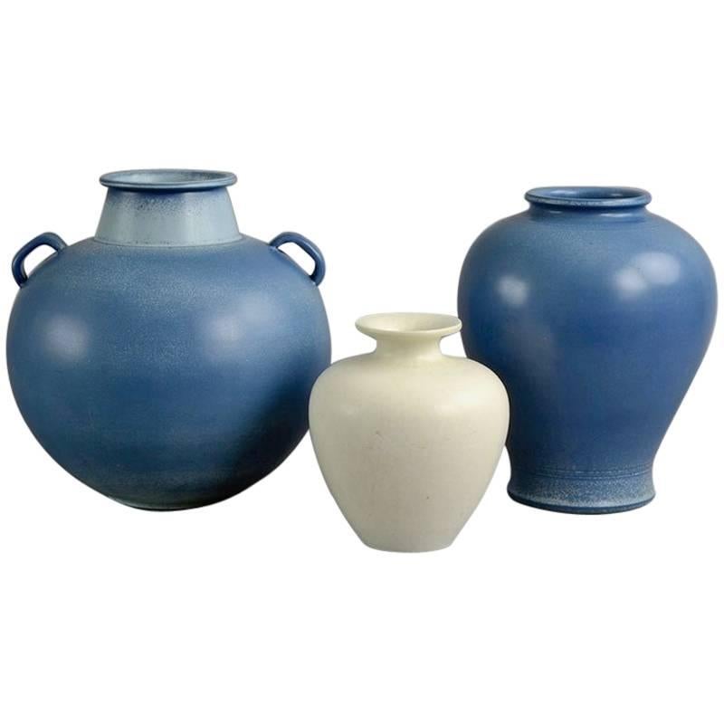 Three Vases with Blue and White Glaze by Gunnar Nylund for Rörstrand, Sweden For Sale