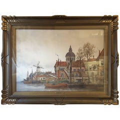 Antique J. Van Couver, Watercolor, Dutch Harbor Scene